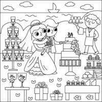 Vector black and white wedding scene with cute just married couple. Marriage line ceremony landscape coloring page with bride and groom. Husband and wife cutting the cake near the candy bar
