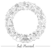 Vector black and white wedding round frame with just married couple. Marriage ceremony card template for banners, invitations. Cute line matrimonial wreath or coloring page