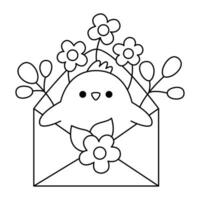 Vector black and white Easter chick icon for kids. Cute kawaii chicken illustration or coloring page. Funny cartoon bird. Traditional spring holiday symbol sticking out of envelope with flowers