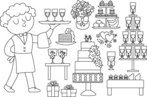 Vector black and white wedding candy bar set. Cute line marriage sweet table or buffet clipart with waiter, cake, champagne, snacks, fruit. Just married holiday meal coloring page