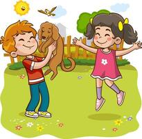 vector illustration of children playing and loving with dog