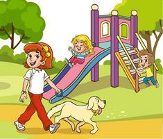 Girl walking with a dog. Vector clip art illustration with simple gradients. All in a single layer.