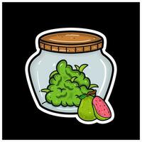 Guava Fruit Flavor With Cartoon Mascot of Weed Bud On Jar. For Sticker and label. vector