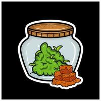 Caramel Flavor With Cartoon Mascot of Weed Bud On Jar. For Sticker and label. vector