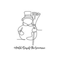 One continuous line drawing of World Snowman Day vector illustration. Celebrated every year on January 18th and is a day dedicated to appreciating and building everyone's favorite the snowman.