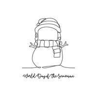 One continuous line drawing of World Snowman Day vector illustration. Celebrated every year on January 18th and is a day dedicated to appreciating and building everyone's favorite the snowman.