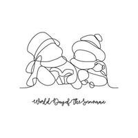One continuous line drawing of World Snowman Day vector illustration. Celebrated every year on January 18th and is a day dedicated to appreciating and building everyone's favorite the snowman.