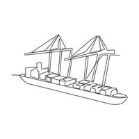 One continuous line drawing of a cargo ship is preparing to unload its cargo at the port vector illustration. Sea transportation design concept. Sea transportation design suitable for your asset.