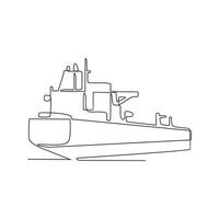 One continuous line drawing of a cargo ship is preparing to unload its cargo at the port vector illustration. Sea transportation design concept. Sea transportation design suitable for your asset.