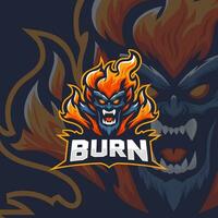 Fire monster mascot esport vector illustration. Flame devil gaming and sport team mascot emblem.