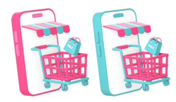 3d online shopping using smartphone with shopping cart or trolley icon illustration for UI UX social media ads design png
