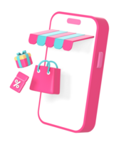 3d online shopping using smartphone with discount promo gift icon illustration for UI UX social media ads design png