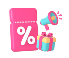 3d promo sconto buono o voucher; tagliando codice con forte altoparlante e regalo icona illustrazione per ui UX sociale media Annunci design png