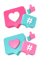 3d social medios de comunicación amor y mano me gusta con hashtag icono ilustración para ui ux web móvil aplicaciones social medios de comunicación anuncios diseño png