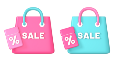 3d shopping bag with promo sale discount coupon or voucher code V2 icon illustration for UI UX social media ads design png