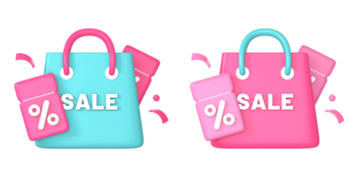 3d shopping bag with two promo sale discount coupon or voucher code icon illustration for UI UX social media ads png