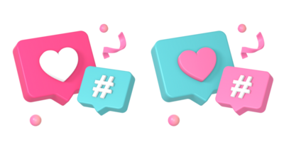 3d social medios de comunicación amor o me gusta con hashtag icono ilustración para ui ux web móvil aplicaciones social medios de comunicación anuncios diseño png