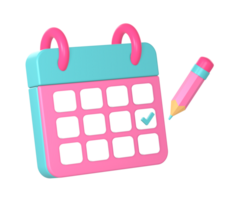 3d calendar date time with check mark and pencil icon illustration for UI UX web mobile apps social media ads png