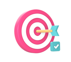 3d arrow hits target or goal with check mark icon illustration for UI UX web mobile apps social media ads design png