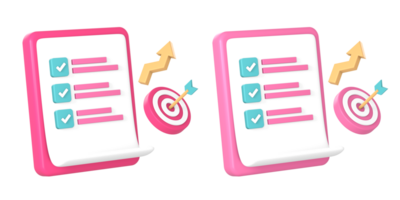3d clipboard item list with check mark and arrow hits target goal icon illustration for UI UX social media ads design png