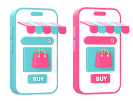 3d online shopping using smartphone with shopping bag icon illustration for UI UX web mobile apps social media ads png