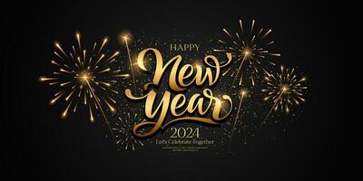contento nuevo año 2024 fuegos artificiales oro y negro diseño, bandera en negro fondo, eps10 vector ilustración