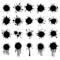 Black ink blots with drops set. Different handdrawn spray design elements. Paint ink splatter, stains set. Splash of paints with drops. Vector illustration