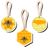 Illustration on theme for label of sugary flowing down honey in honeycomb with bee png