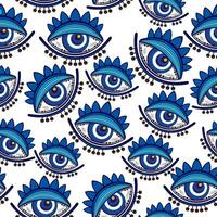 mal ojo vector sin costura modelo. magia, brujería, oculto símbolo, línea Arte recopilación. hamsa ojo, mágico ojo, decoración elemento. azul, blanco, ojos. tela, textil, artículos de regalo, fondo de pantalla.