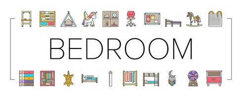 kid bedroom room interior icons set vector