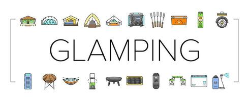 glamping tent nature luxury icons set vector