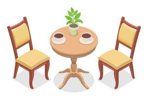 Isometric round table and two chairs vector illustration