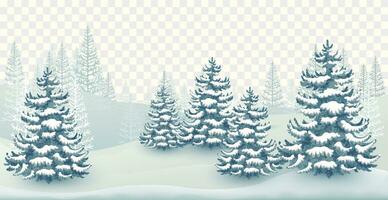 Landscape with snowdrifts and coniferous trees in winter forest isolated. Vector illustration