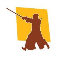 Silhouette of a sword warrior in action pose. Silhouette of a martial art person carrying sword weapon. Silhouette of kendo martial art pose. vector