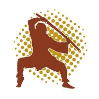 Silhouette of a male fighter in martial art costume carrying samurai sword weapon. vector