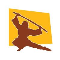 Silhouette of a male fighter in martial art costume carrying samurai sword weapon. vector