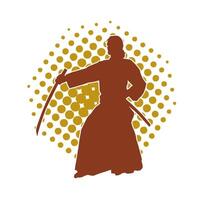 Silhouette of a sword warrior in action pose. Silhouette of a martial art person carrying sword weapon. Silhouette of kendo martial art pose. vector