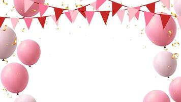 Frame with festive realistic pink balloons and flag hanging string for party celebration holiday vector