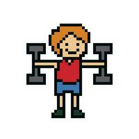 Cute pixel cartoon 8bit character man weight training with dumbbell lifestyle ventor for decoration life style 8 bit male exercise gym fitness body building vector. vector