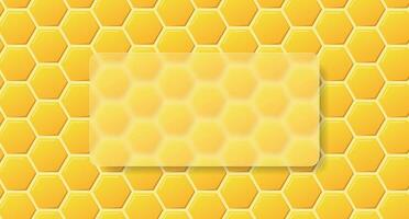 Glassmorphism background banner with transparent glass frame. Honeycomb background with square blurry glass effect. Hexagonal honeycomb vector