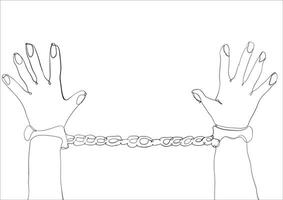 Continuous line drawing of man in handcuffs with handcuffed hands behind back in prison. vector