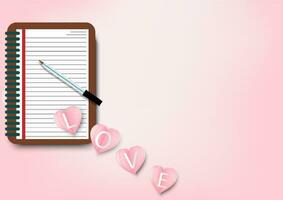 Paper art of love and Origami made notebook with pen and heart shape flying with frame for add text.They are in pink background with.Mother's Day,Happy Women,Vector Valentine's Day and card concept. vector