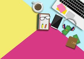 Top view modern work office with copy space.table with money,plant,coffee cup,smartphone, paper,notebook,pen and laptop copy space on background.Vector Workplace and flat lay design vector concept.