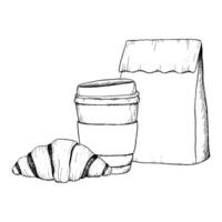 Vector disposable coffee cup, chocolate croissant and paper craft bag black and white graphic illustration for breakfast and coffee break designs, cafe, restaurant food menus