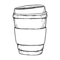 Vector paper coffee cup for takeaway black and white illustration for hot drinks with lid and cupholder. Coffee template for bakery Coffee to go template for bakery design