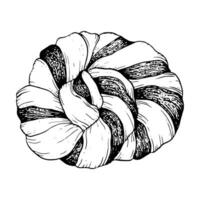 Black and white Swedish chocolate braided bread bun with cinnamon graphic vector illustration. Bakery round dessert, wreath pastry