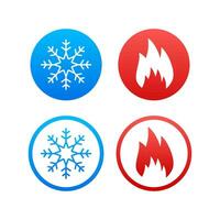 frío y calor íconos colocar, vector ilustración de copo de nieve y fuego símbolos en azul y rojo, clima y temperatura concepto