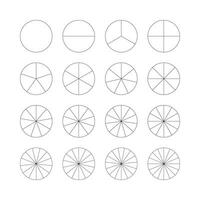 Segmented charts. Set of pie, pizza chart template. Many number of sectors divide the circle on equal parts. Black thin simple graphics. Segments infographic. Diagram wheel parts. Vector illustration.