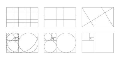 Golden ratio template set. Method golden section grids. Fibonacci array, numbers icons. Harmony proportions frames. Vector graphic illustration. Eps.