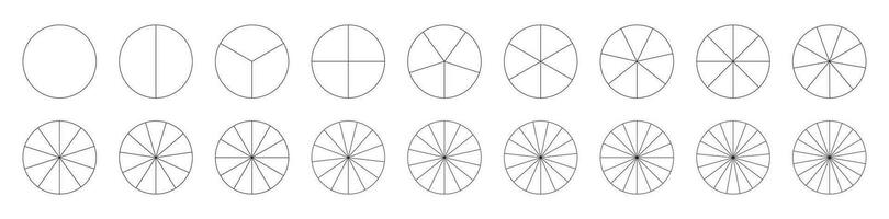 Segmented charts. Set of pizza, pie chart template. Many number of sectors divide the circle on equal parts. Collection of segments infographic. Diagram wheel parts. Vector outline black thin graphics